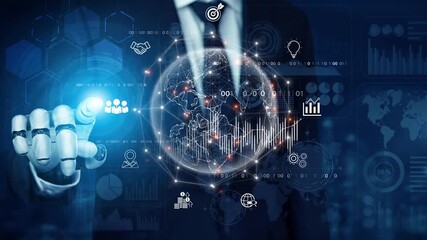 AI connecting global business network, processing data exchange, analyzing economic trends, and supporting digital infrastructure through intelligent worldwide systems. Marrow - Powered by Adobe