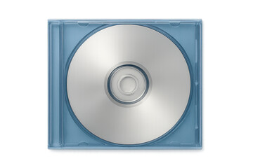 Compact disc (cd) in a transparent blue jewel case representing music, data, and digital media storage on transparent background