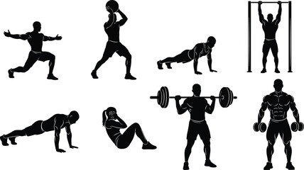 Fitness exercise silhouette vector set, workout pose illustration, gym training clipart, strength graphic, black icons, health motion design