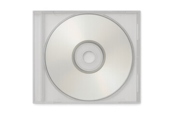 Blank optical compact disc in clear jewel case, reflecting light, ready for branding or data storage