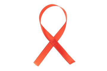 A bright red satin awareness ribbon is presented vertically, isolated on a clean white background. This universal symbol represents solidarity in the fight against HIV/AIDS.