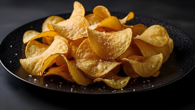 Golden Potato Chips on Dark Textured Plate &ndash; Premium Snack Food Photography&ndash; Perfect for snack food advertising, restaurant menus, packaging design, food blogs, and social media promotions.
