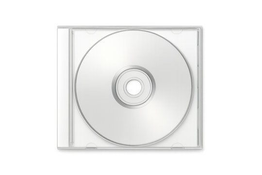 Silver compact disc in transparent plastic jewel case, mock up for music and data storage on blank background