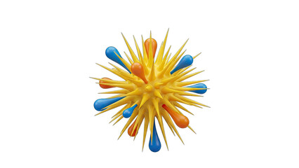 Abstract Yellow Spiky Sphere with Blue and Orange Droplet Accents on Transparent Background Rendered in 3D