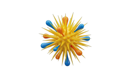 Abstract Yellow Spiky Sphere with Blue and Orange Droplet Accents on Transparent Background Rendered in 3D