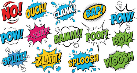 Vibrant comic sound-effect vector set featuring bold action words, colorful explosions, expressive pop-art bursts, and energetic cartoon elements for graphic design and storytelling projects © MstMukta