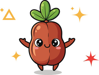 Cute Cartoon Bean Character with Green Leaves, Smiling Face, Sparkles and Stars for Kids, Nature, Food, and Fun Design