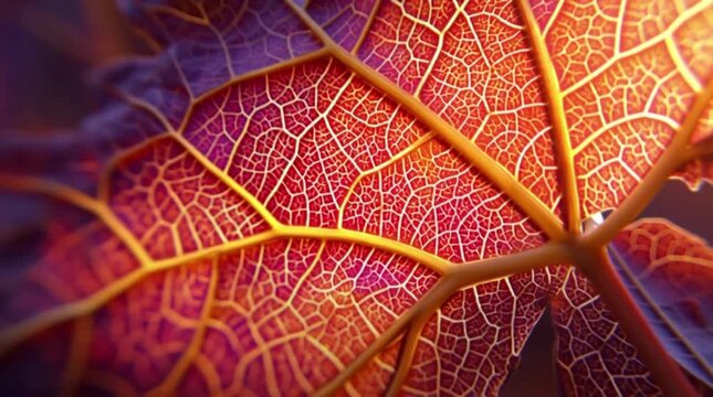 Close-up of a vibrant autumn leaf with intricate vein patterns and warm colors, showcasing natures delicate artistry.