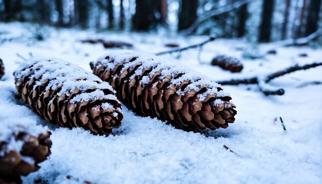 A close-up view of snow-covered pine cones resting on a quiet forest floor during the winter season, pine.
