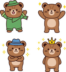 Cute cartoon bear characters with outfits, crown, hat, sparkles, cheerful poses, expressive emotions, vector illustration for kids and design
