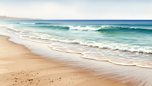 A serene beach scene with waves gently lapping at the shore on a sunny day