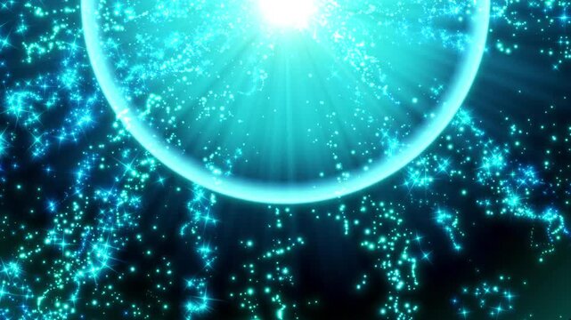 Impact background imagery with sparkling light particles spreading in aqua blue