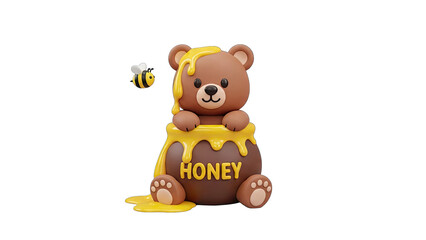 Adorable 3D Cartoon Bear Sitting in a Honey Pot with a Bee Flying Nearby on a Transparent Background