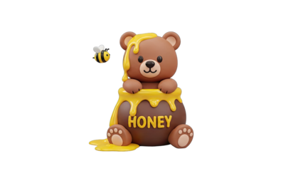 Adorable 3D Cartoon Bear Sitting in a Honey Pot with a Bee Flying Nearby on a Transparent Background