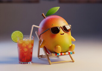 Funny cartoon mango character relaxing on a beach chair with a refreshing iced drink