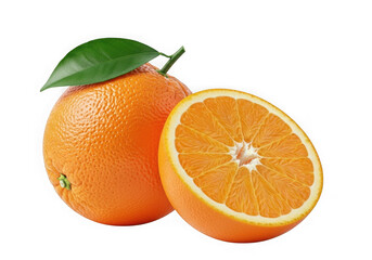 Fresh orange with green leaf and juicy half fruit slice isolated