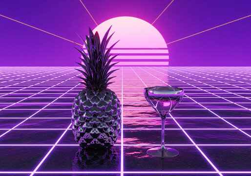 Metallic pineapple and cocktail glass on glowing synthwave retrowave purple grid at sunset - Powered by Adobe