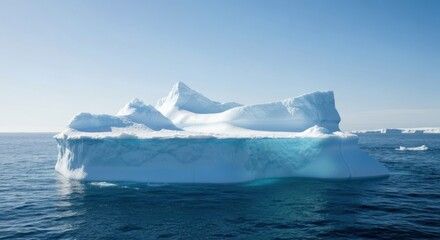 Large iceberg floats on placid, blue water under bright sky