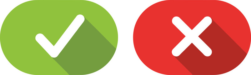 Obraz premium Check mark and cross button vector icons featuring flat design style, long shadows, bold colors, approval symbols, and decision indicators for UI and graphic projects
