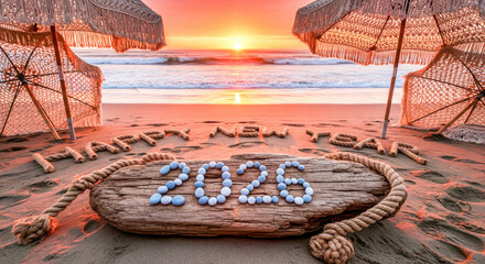 Happy new year 2026 message on a tropical beach with vibrant sunset and ocean waves isolated on white background, Vector