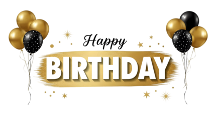 Golden birthday banner with balloons isolated on transparent background
