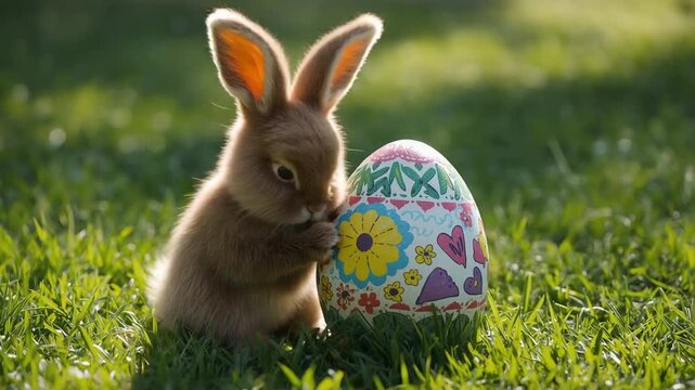 A Small Fluffy Brown Bunny Rabbit Cuddling a Large Decorated Easter Egg in Green Grass image photo
