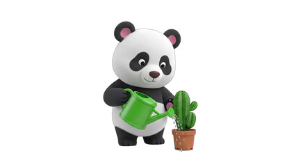 Adorable cartoon panda character holding a green watering can nurturing a small potted cactus plant with water droplets splashing symbolizing growth and care on a transparent background © prihtiyan