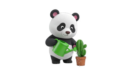 Adorable cartoon panda character holding a green watering can nurturing a small potted cactus plant with water droplets splashing symbolizing growth and care on a transparent background
