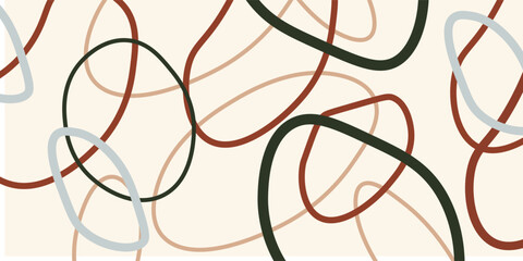 Abstract seamless pattern with colorful curves interlacing rings or circles on pastel background. Modern vector line art background for fabric design, textile, wrapping paper