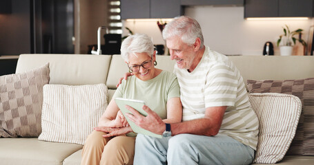 Tablet, happy and reading with old couple on sofa for streaming service, retirement or connection....