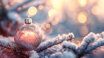 Pink Christmas ornament on snow-covered pine branch