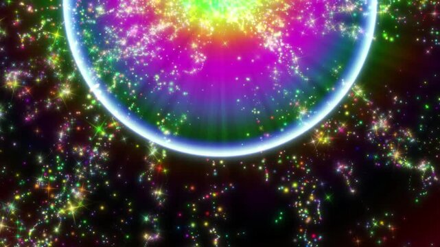 Impact background imagery featuring particles of light shimmering in rainbow hues