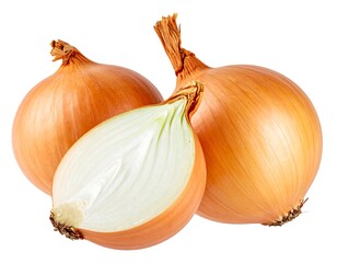 Two whole and one sliced onion, pale orange/yellow exterior, white interior