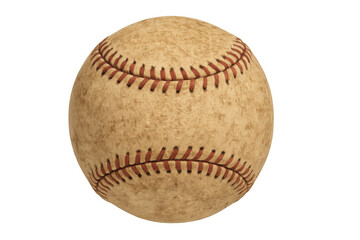 Vintage baseball, old sport equipment showing worn leather texture and red seams, retro nostalgia isolated on transparent background