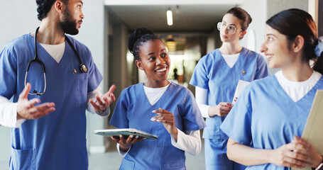 Tablet, hospital and med students talking for consulting, medical advice and diagnosis. Healthcare,...