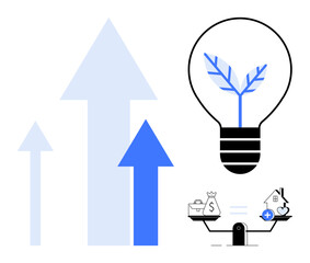 Growth visualization. Growth ed with arrows, eco-friendly innovation via a light bulb, and financial balance is illustrated with symbols. Great for sustainability, renewable energy, eco-business