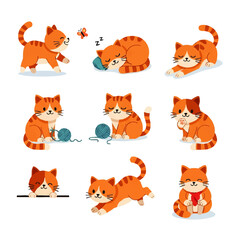 Obraz premium Cute cartoon orange cats playing and sleeping in various poses