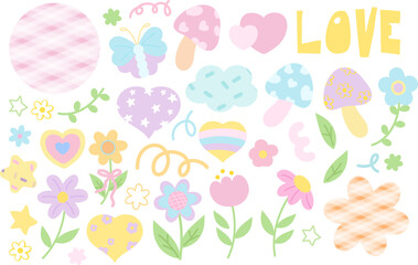 Cute pastel vectors of plants, flowers, butterfly, mushroom, heart, stars, circle shapes for nature, garden, tree, blossom, blooming, animals, insect, park, yard, stickers, cartoon, floral, decoration