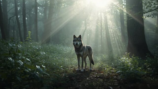 A wolf stands in a misty forest with sunbeams shining through the trees and green foliage canis lupus