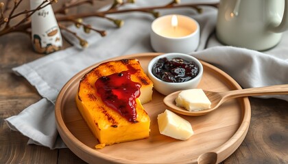 Authentic Scandinavian bread cheese dessert with charred spots and lingonberry preserves in a cozy candlelit atmosphere.