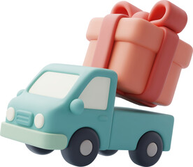3D Vector Delivery Truck with Gift Box, Merry Christmas & Happy New Year Holiday concept.