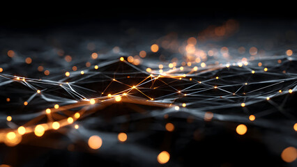 A detailed 3D illustration of glowing blockchain nodes linked through luminous data pathways across a dark digital grid