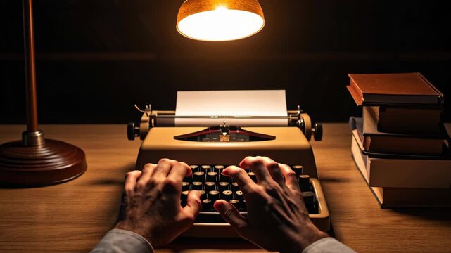 Passionate Writers Hands on Vintage Typewriter Under Warm Lamp Celebrating Creativity and National Screenwriters Day with Books on Desk
