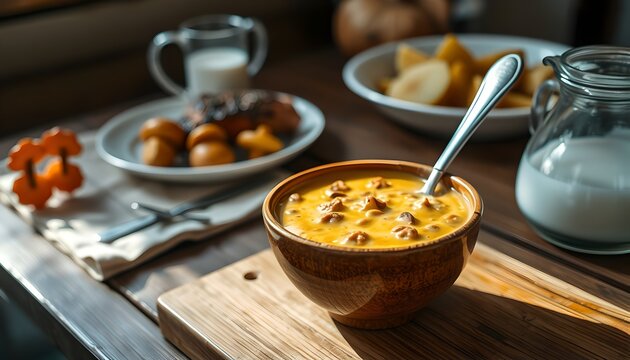 Authentic homemade forest mushroom pottage with fresh cream and herbs in a cozy farmhouse kitchen setting with natural light.