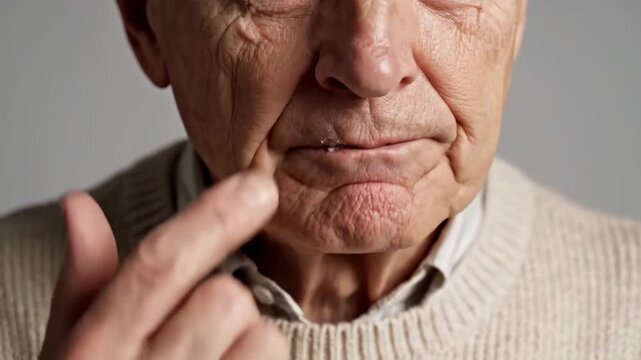 Elderly Man's Reactions While Looking at His Lips Closeup, Facial Expressions Captured Sequence
