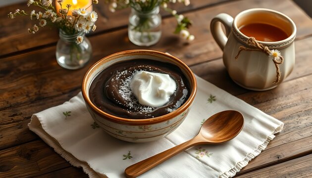 Traditional Finnish Easter dessert m&auml;mmi served in a ceramic bowl with cream and sugar on a rustic wooden table.
