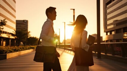 Urban Professionals Commuting at Golden Hour: Backlit Silhouette of Business Partners Walking Through Modern Cityscape at Sunset