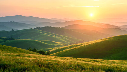 Fototapeta premium Soft, rolling green hills and layered mountains at sunrise, bathed in warm, glowing light with hazy, atmospheric perspective and a minimalist feel.