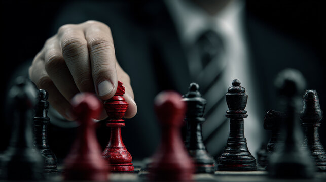Businessman moving a red chess piece on a chessboard with dark background