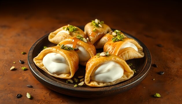 Traditional Middle Eastern Qatayef dessert filled with sweet cream and topped with crushed pistachios on a dark rustic plate.